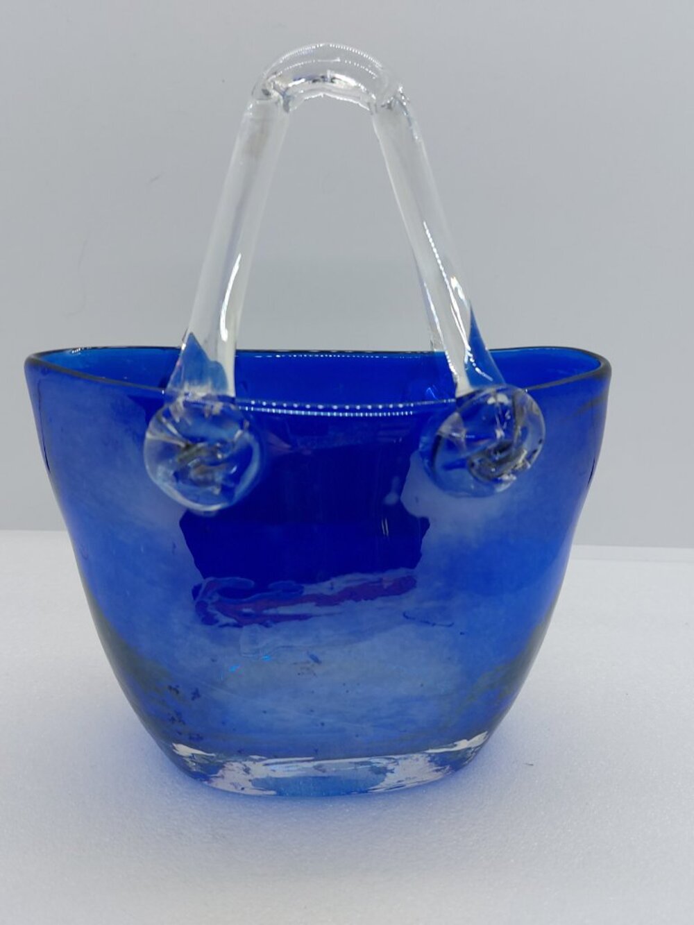 Vintage Blue Glass Purse Bag Vase Iridescent With Clear Handle